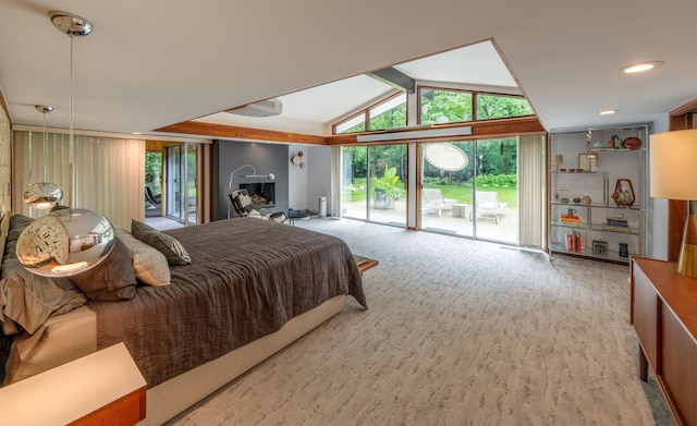 bedroom with access to outside, lofted ceiling with beams, and light wood-type flooring