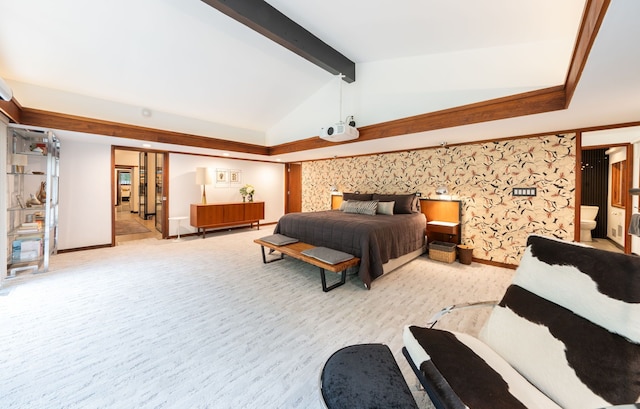 bedroom with light carpet and vaulted ceiling with beams