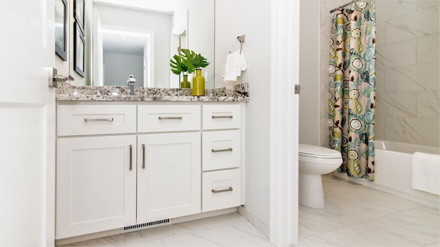 full bathroom with vanity, toilet, and shower / bathtub combination with curtain