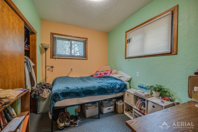 4100 Grass Lake Rd, West Branch, MI 48661 - carpeted bedroom with a textured ceiling and a textured wall