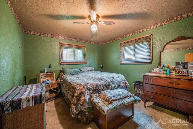 4100 Grass Lake Rd, West Branch, MI 48661 - bedroom with a textured wall, a textured ceiling, carpet floors, multiple windows, and a ceiling fan