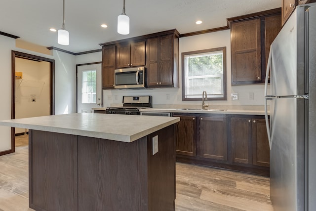 kitchen with sink, light hardwood / wood-style flooring, a wealth of natural light, appliances with stainless steel finishes, and decorative light fixtures