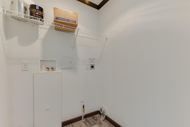 clothes washing area with hardwood / wood-style floors, electric dryer hookup, and hookup for a washing machine