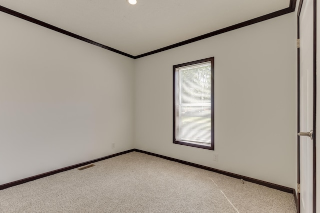 unfurnished room featuring carpet flooring and crown molding