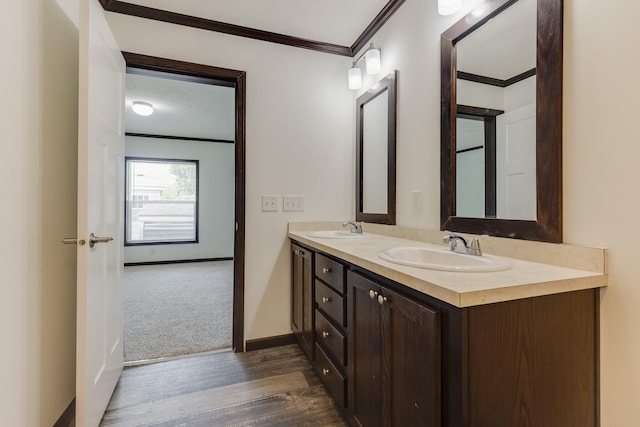 bathroom with vanity, ornamental molding, and hardwood / wood-style flooring