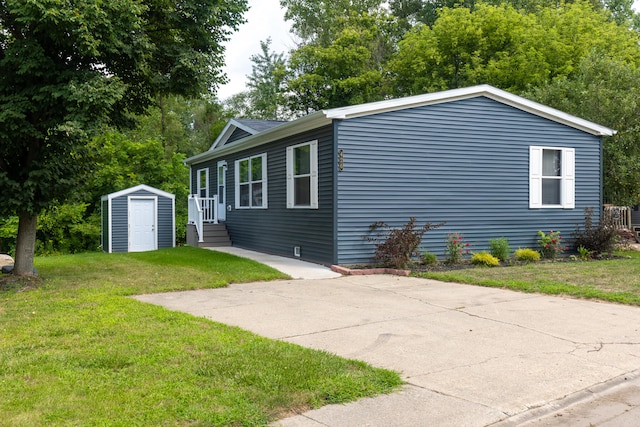 view of property exterior with a yard and a storage shed