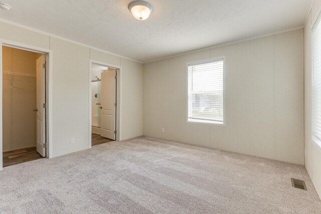 575 Gallery Dr Unit 48, Eaton Rapids, MI 48827 - unfurnished bedroom with carpet floors, ornamental molding, a spacious closet, a textured ceiling, and connected bathroom