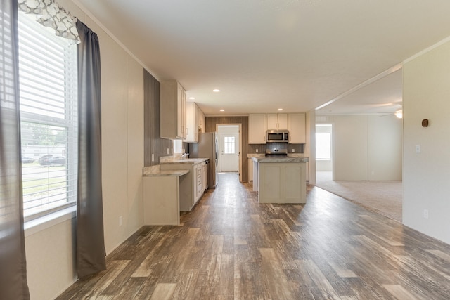 575 Gallery Dr Unit 48, Eaton Rapids, MI 48827 - kitchen featuring stainless steel appliances, wood finished floors, a kitchen island, light countertops, and open floor plan