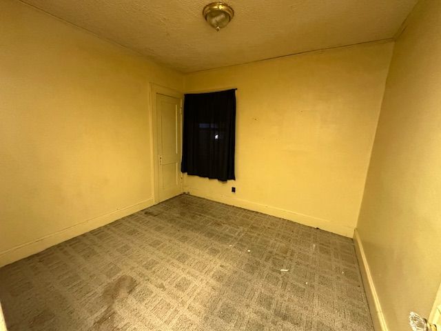 carpeted empty room with a textured ceiling