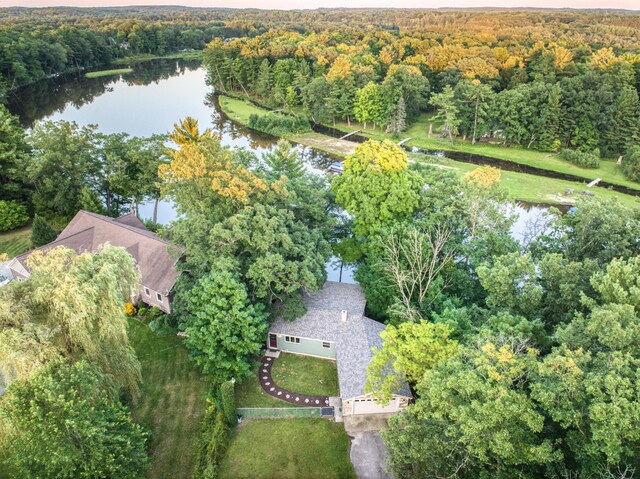 drone / aerial view featuring a water view