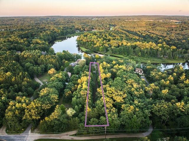 aerial view at dusk with a water view