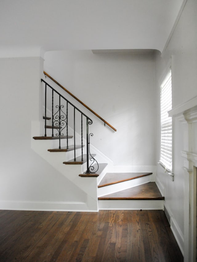 stairs featuring wood-type flooring