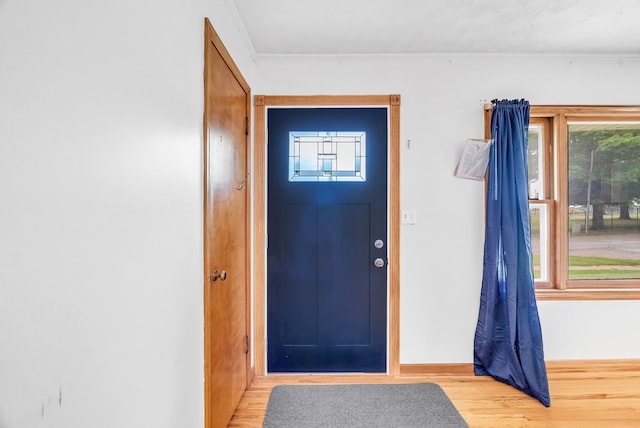 foyer entrance featuring wood-type flooring and ornamental molding