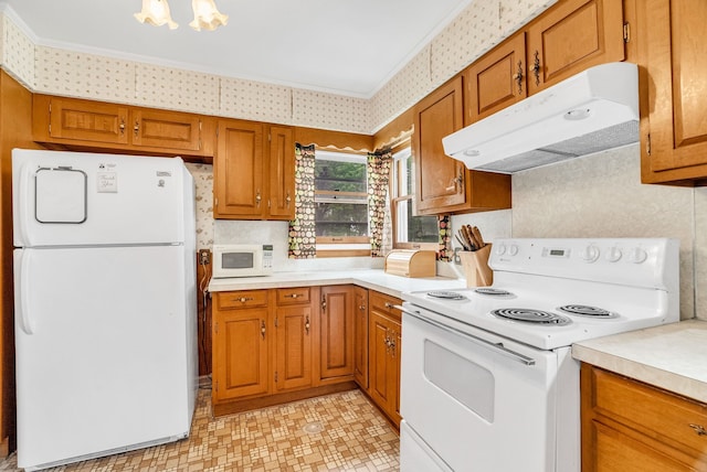 kitchen with white appliances and crown molding