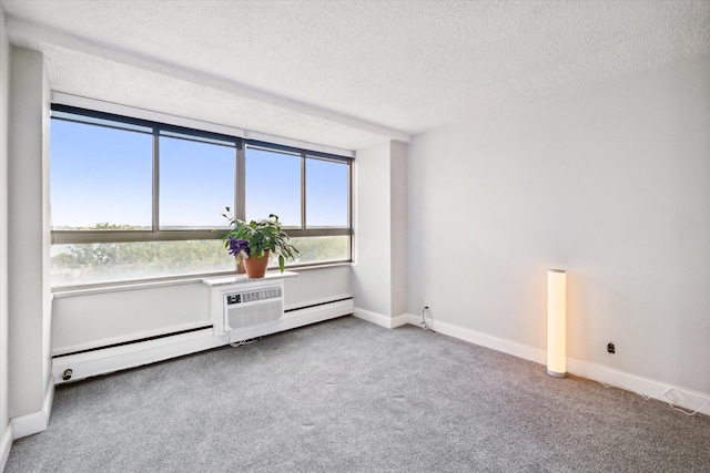 carpeted spare room with a textured ceiling and baseboard heating