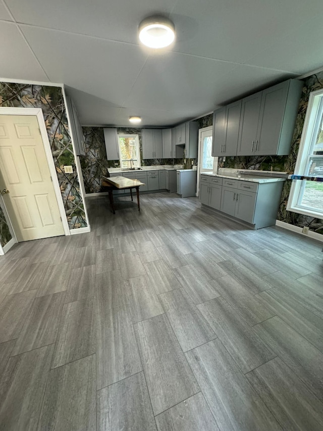 kitchen with gray cabinetry, plenty of natural light, light wood-type flooring, and sink