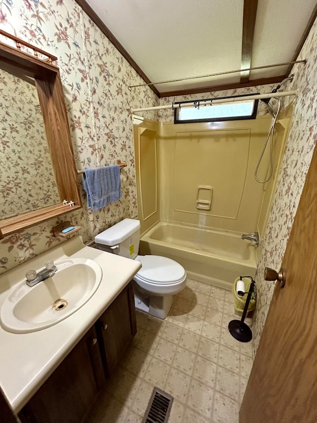 full bathroom with vanity, tub / shower combination, toilet, and crown molding