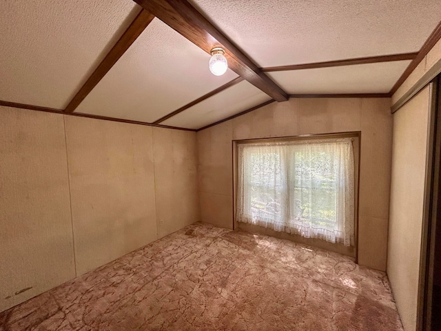 interior space with light carpet, a textured ceiling, and lofted ceiling with beams