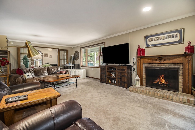5925 Jagger Rd, Ludington, MI 49431 - carpeted living room featuring ornamental molding and a brick fireplace