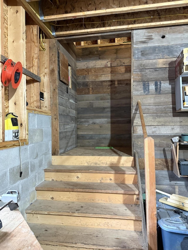 5925 Jagger Rd, Ludington, MI 49431 - stairway with wooden walls and concrete block wall