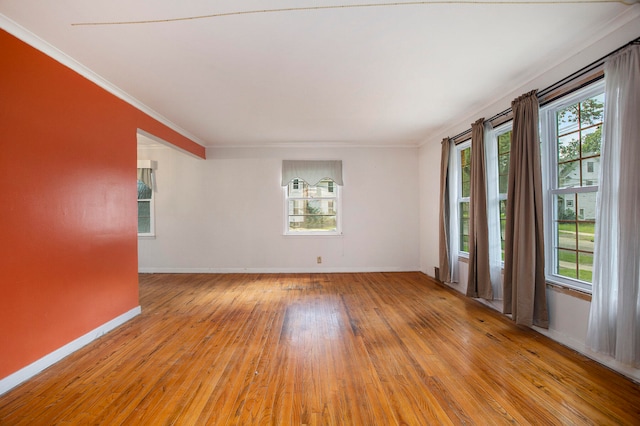 empty room featuring light hardwood / wood-style floors, crown molding, and a wealth of natural light