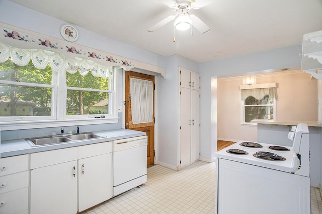 kitchen featuring ceiling fan, white cabinetry, white appliances, and sink