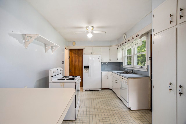 kitchen with white appliances, white cabinetry, ceiling fan, and sink