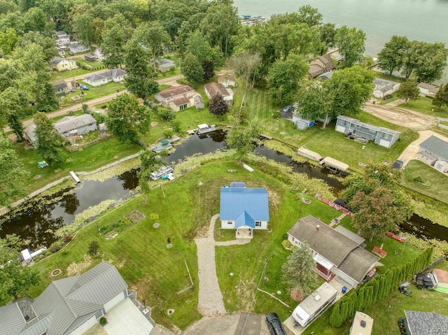 drone / aerial view featuring a water view