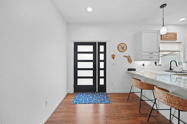 foyer featuring a healthy amount of sunlight, sink, and dark wood-type flooring