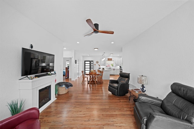 living room with hardwood / wood-style flooring and ceiling fan