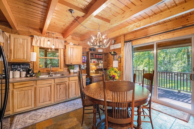 dining space featuring beam ceiling, wooden ceiling, sink, and a wealth of natural light