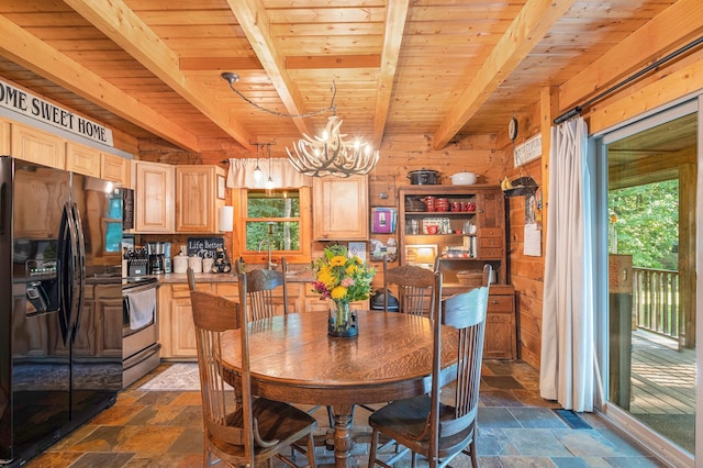 dining room with a notable chandelier, wood walls, wooden ceiling, and beam ceiling