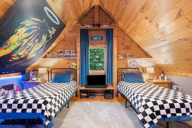 bedroom with wooden walls, wood ceiling, lofted ceiling, and light wood-type flooring