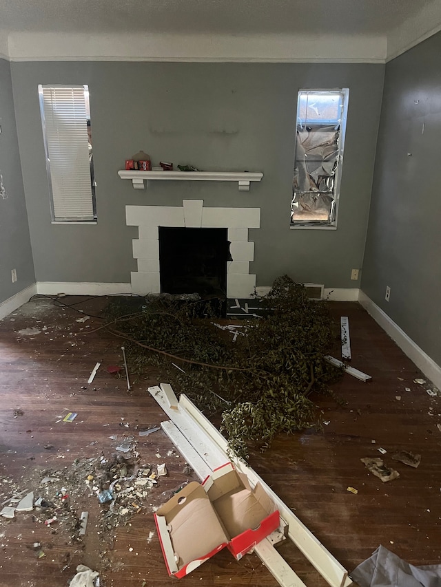 11717 Grayton St, Detroit, MI 48224 - living area featuring ornamental molding, wood finished floors, a fireplace, and baseboards