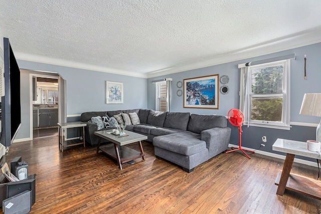 living room with dark wood-type flooring and a textured ceiling