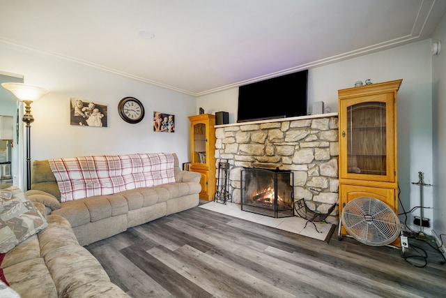 living room featuring a fireplace, hardwood / wood-style floors, and ornamental molding