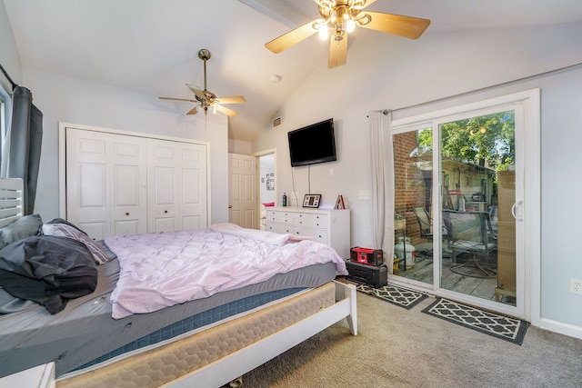 carpeted bedroom featuring a closet, access to outside, high vaulted ceiling, and ceiling fan