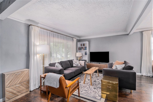 living room featuring a textured ceiling and dark hardwood / wood-style floors