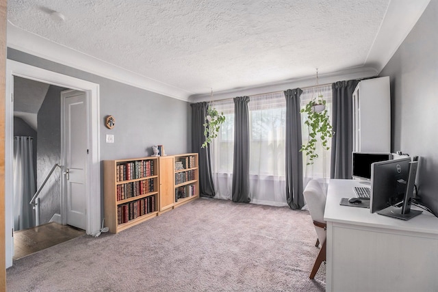 carpeted home office featuring a textured ceiling