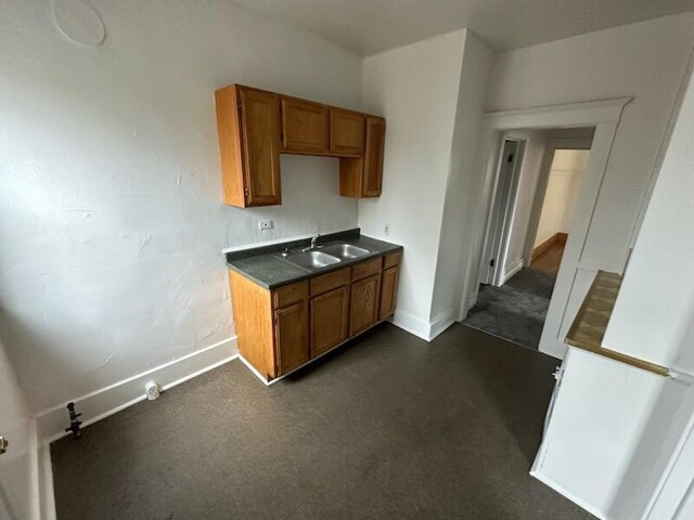 121/123 Sturtevant St, Highland Park, MI 48203 - kitchen with baseboards, brown cabinets, and a sink