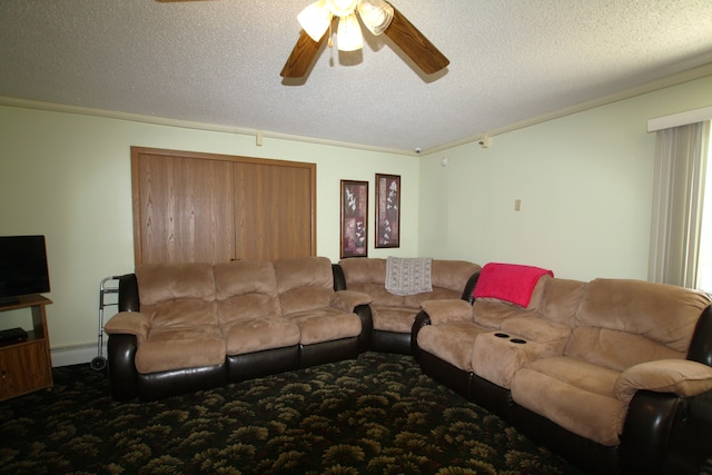 living room featuring ceiling fan, crown molding, a textured ceiling, and a baseboard radiator