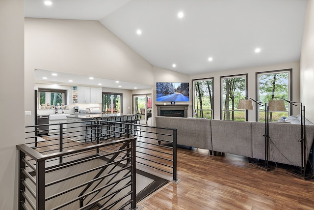 living room with high vaulted ceiling and wood-type flooring