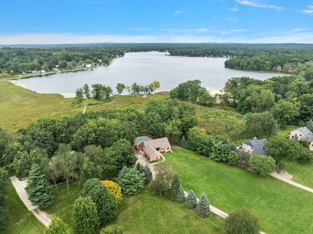 drone / aerial view featuring a water view