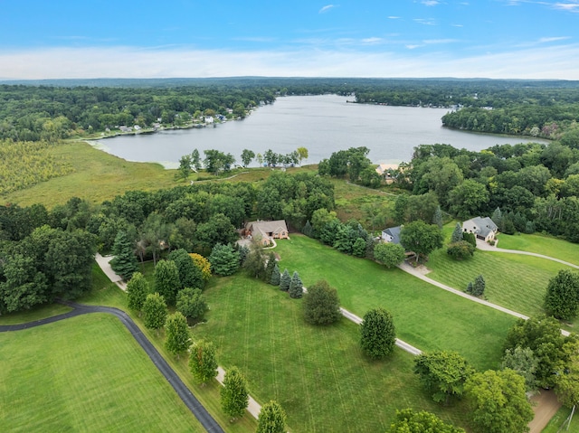 birds eye view of property featuring a water view