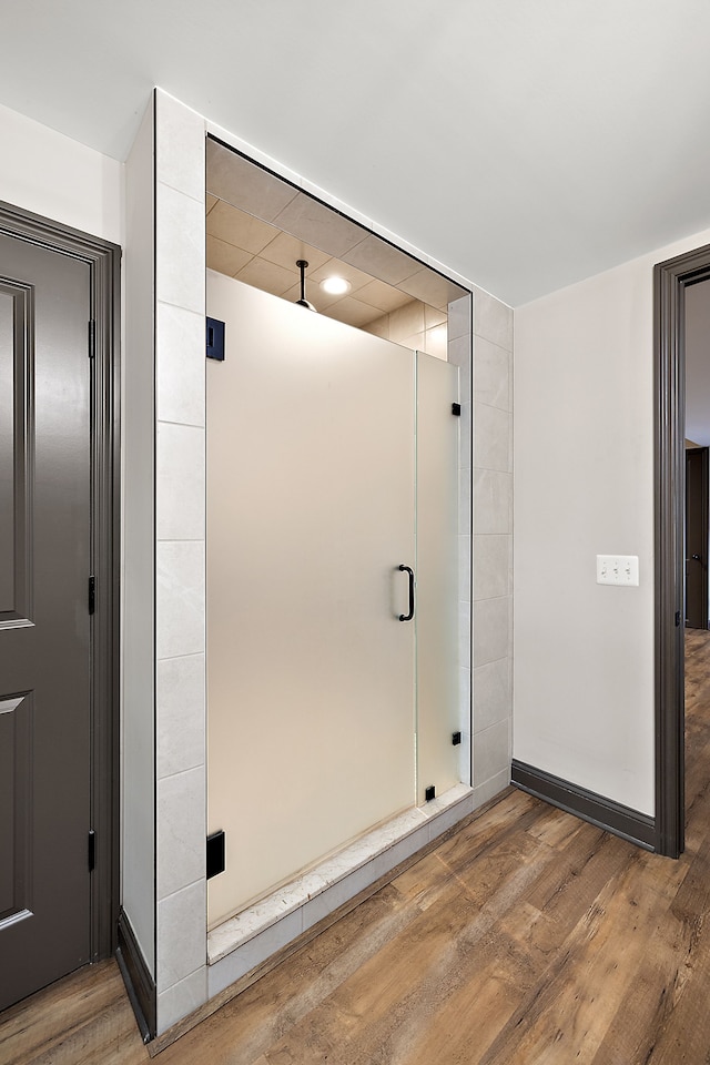 bathroom with hardwood / wood-style floors