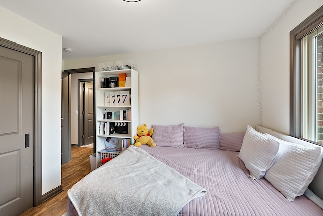 bedroom featuring dark hardwood / wood-style floors and multiple windows