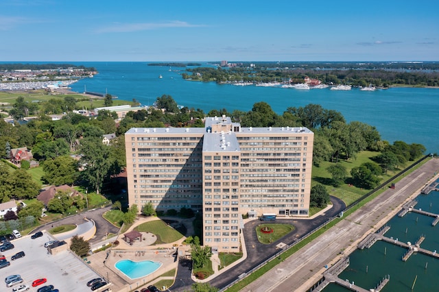 birds eye view of property featuring a water view