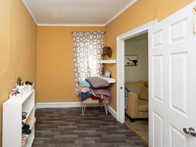 935 Osborne St, Kalamazoo, MI 49001 - sitting room with dark wood-style floors, ornamental molding, and baseboards