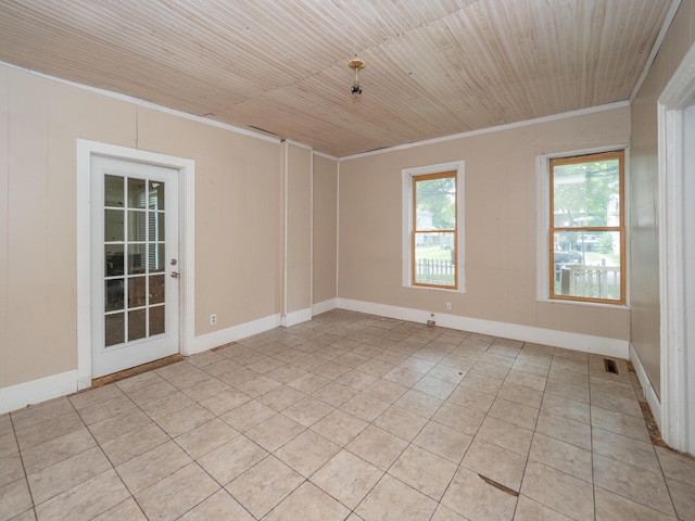 935 Osborne St, Kalamazoo, MI 49001 - unfurnished room featuring ornamental molding, light tile patterned flooring, wood ceiling, and baseboards