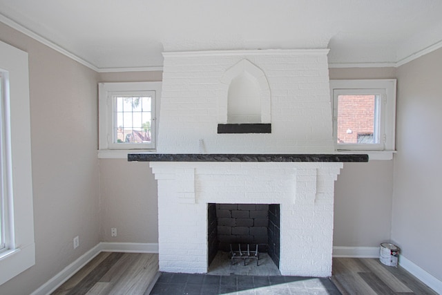 details featuring a fireplace, hardwood / wood-style floors, and ornamental molding